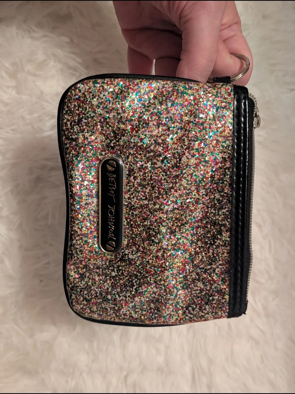 Betsey Johnson Multicolor Glitter Cosmetic Pouch with Black Trim